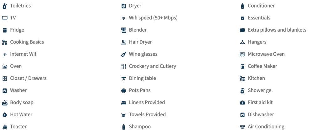 List of household amenities in text with icons, including toiletries, TV, WiFi, and kitchen items.