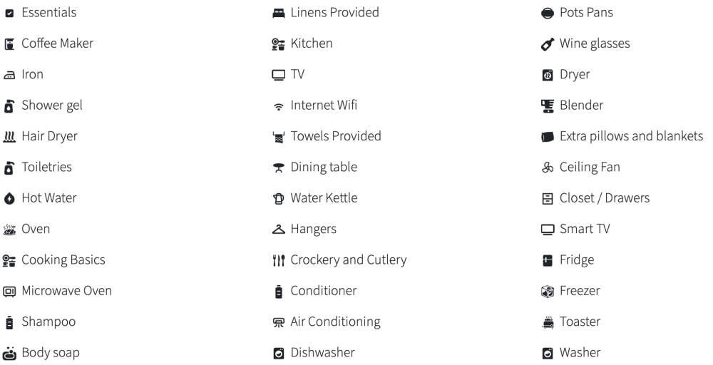 List of amenities with icons, like kitchen, TV, and hot water.