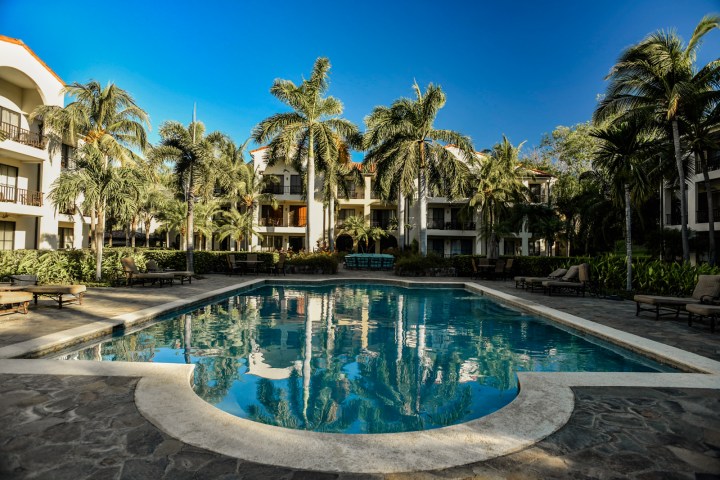 Outdoor pool with palm trees and a hotel in the background.