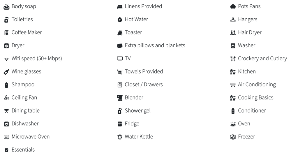 Icon list of amenities such as soap, coffee maker, and dryer.