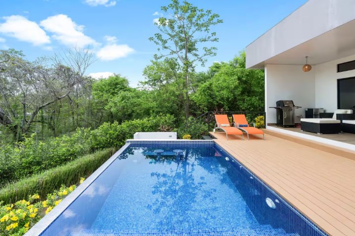 Modern house patio with pool, loungers, grill, and forest view.