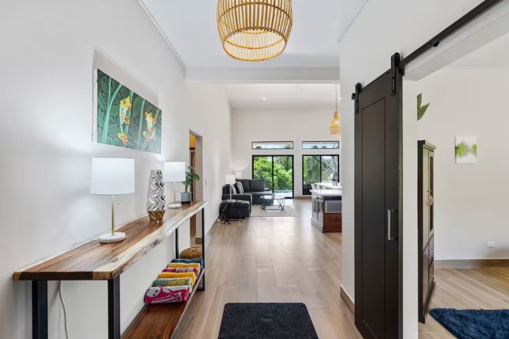Modern hallway with decor table, sliding door, and view into living area.