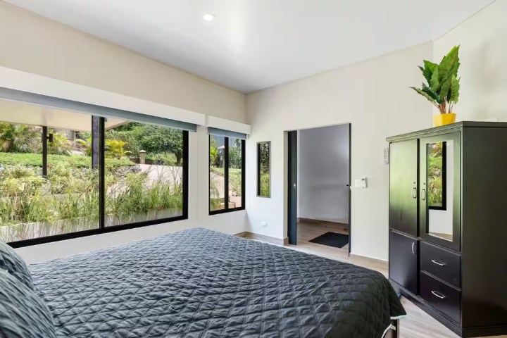 Modern bedroom with large windows, a bed, wardrobe, and plant decor.