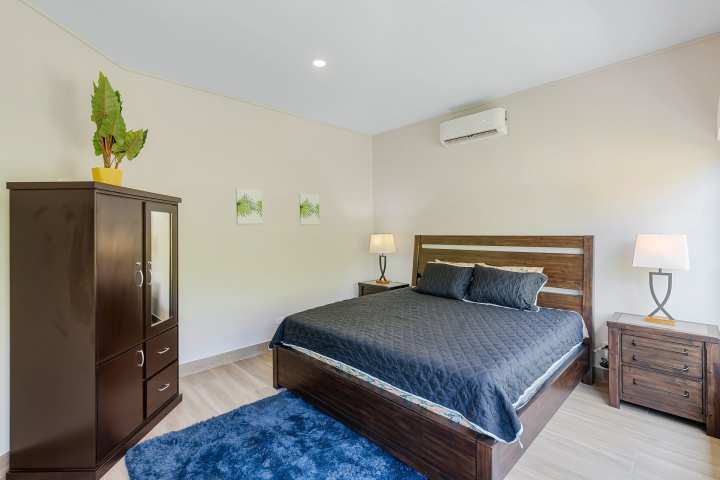 Modern bedroom with wooden bed, blue rug, wardrobe, two lamps, and wall art.