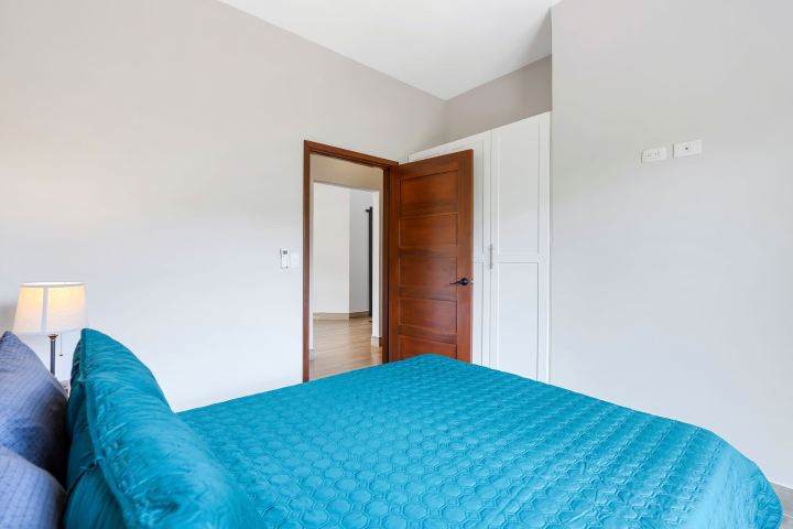 Modern bedroom with a blue bedspread, lamp, wooden door, and white closet.