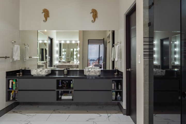 Modern bathroom with dual sinks, large mirror, and seahorse decor on the wall.