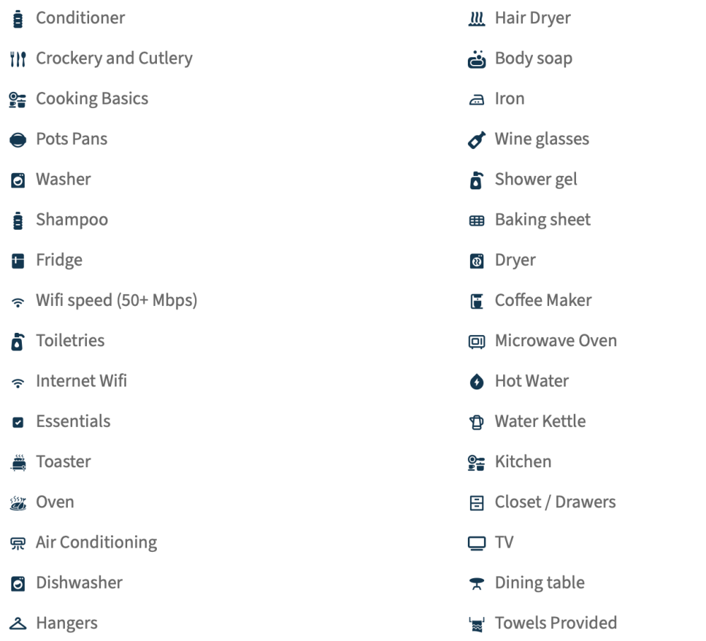List of amenities with icons, including kitchen, Wi-Fi, hair dryer, and coffee maker.