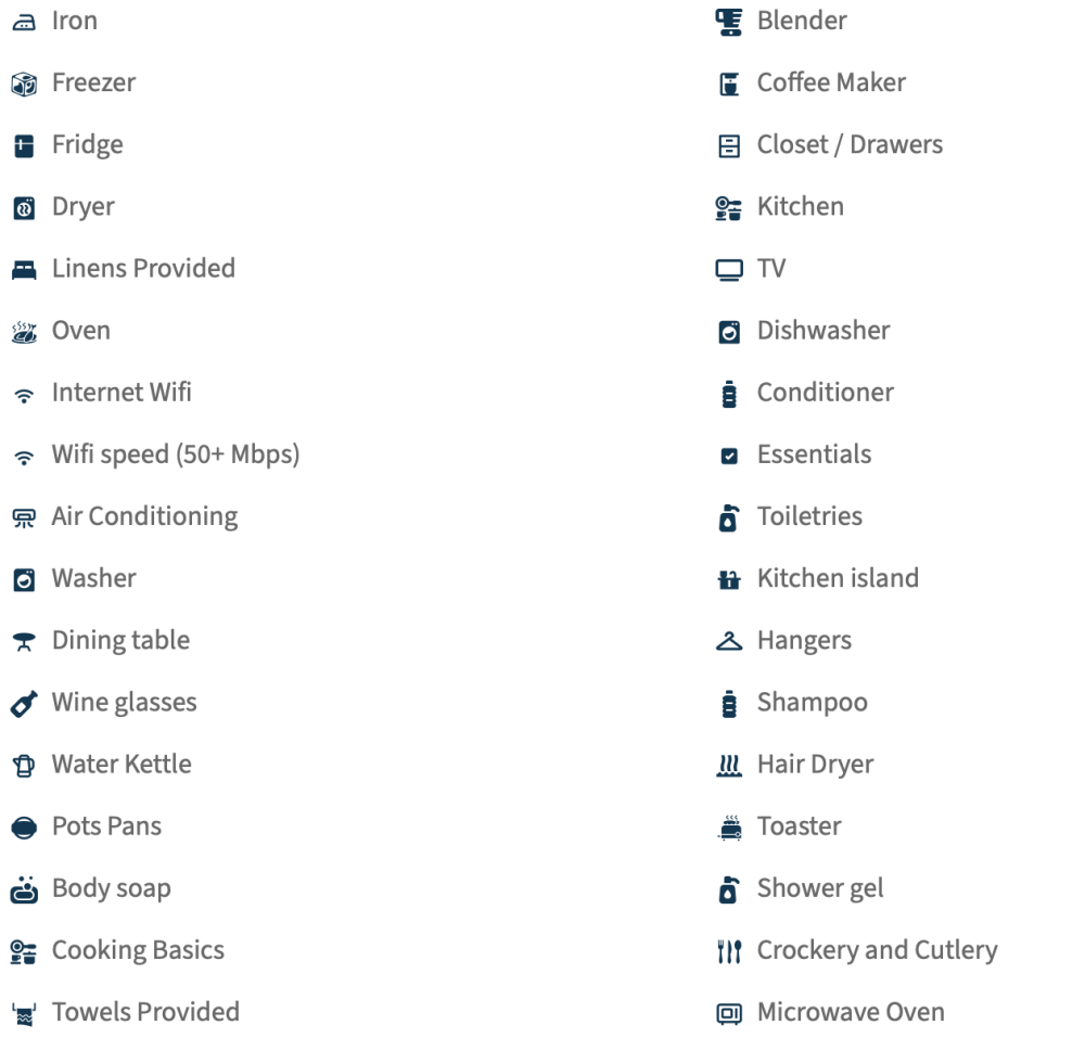 List of household amenities with icons, including iron, freezer, wifi, and more.