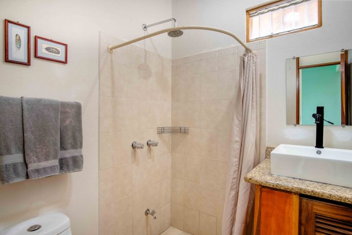Bathroom with a glass-enclosed shower, sink, and towels on the wall.